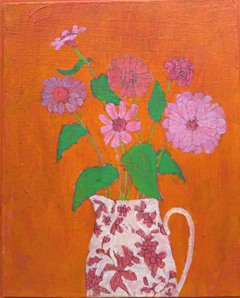 Thecla Renders, Zinnia's in orange, 300 euro, Gemengde techniek op hout zonder lijst, 31x26 cm