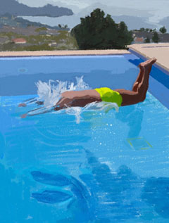 Yvonne de Ridder, Plons!, 110 euro,  Mixed media print op aluminium met folielaag en ophangsysteem, 11x15 cm