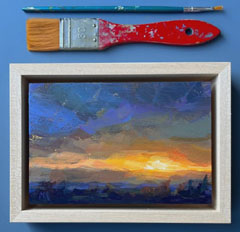 Marieke Ackerman, Krachtige Zonsondergang, 125 euro, Acryl op paneel in baklijstje, 10x15 cm
