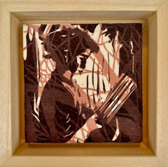 Edith Brouwer, Lezen 2, 75 euro, Lino op hout in baklijst, 10x10 cm