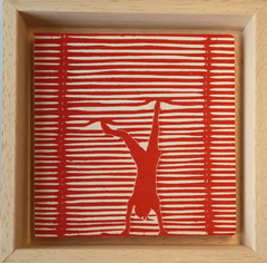 Edith Brouwer, Luxaflex handstand rood, 75 euro, Linodruk op hout in baklijst, 10x10x3 cm