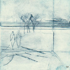 Edith Brouwer, Wandelaars, 65 euro, Tetra ets op papier in zwarte lijst, 10x10 cm