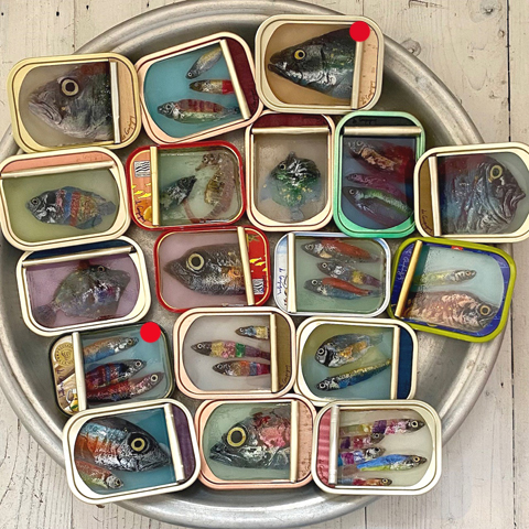 Ortaire de Coupigny, Fish tins, 145 euro, Gemengde techniek in visblikje