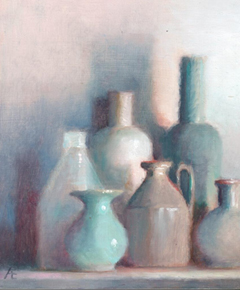 Anneke Elhorst, Flessenparade, 325 euro, Oliever op paneel zonder lijst, 15x18x3 cm