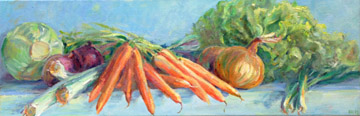 Florentine Haak, Groentestilleven, Olieverf op doek, 25x75 cm, €.500,-