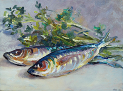 Florentine Haak, Vissen, Olieverf op doek, 18x24 cm, €.200,-