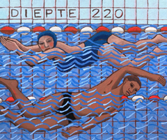 Aline Jansma, Zwembad de vrolijkheid, 400 euro, Olieverf op paneel zonder lijst, 25x30 cm