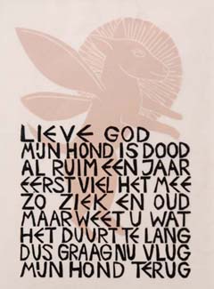 Aline Jansma, Zinloos gebed 286 18/25, 150 euro, Linodruk in fotolijstje, 24x18 cm