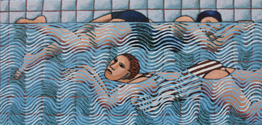 Aline Jansma, Sportfondsenbad, Olieverf op paneel, 16x34 cm, €.375,-