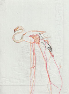Judith Koning, Flamingo, 125 euro, Gemengde techniek op vintage damast zonder lijst, 23x18 cm