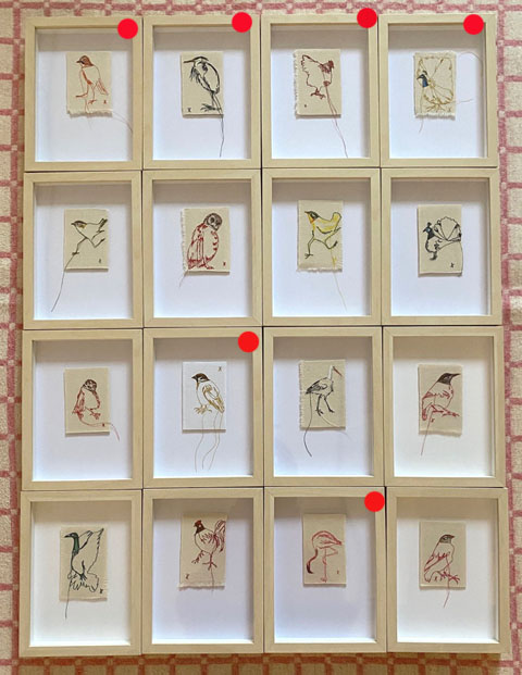 Judith Koning, Mini vogels, 65 euro, Gemengde techniek op linnen in baklijstje, 20x15x3 cm