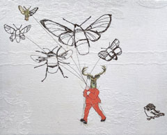 Judith Koning, Vliegend Hert en het musje, 175 euro, Gemengde techniek op vintage damast zonder lijst, 24x31 cm