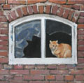 Richard van Mensvoort, Kat in raam, Olieverf op doek in baklijst, 30x30 cm, €.850,-