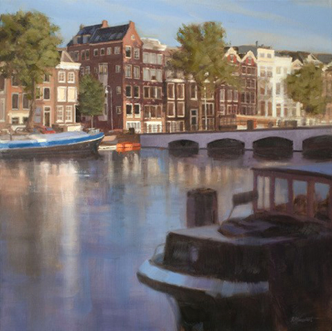 Richard van Mensvoort, Aan de Amstel, 4250 euro, Olieverf op doek in baklijst, 100x100 cm