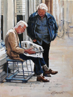 Richard van Mensvoort, Nieuws van de dag, Olieverf op doek in baklijst, 40x30 cm, €.1150,-