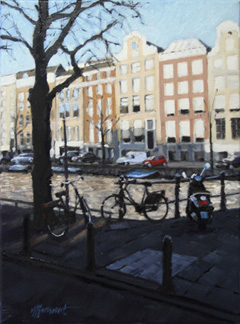 Richard van Mensvoort, Ochtend aan de gracht, Olieverf op doek in baklijst, 40x30 cm, €.1150,-