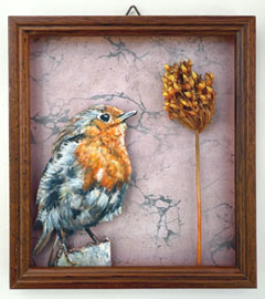 Liesbet Milort, End of Season, 175 euro, Gemengde techniek met oud hout in vintage lijstje, 15x14 cm