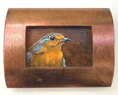 Liesbet Milort, Roodborst in roestbruin, 95 euro, Acryl in vintage lijstje, 7x5 cm in lijst 11x10 cm