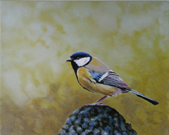 Liesbet Milort, Koolmees 5, Acryl op paneel, 24x30x5,5 cm, €.450,-