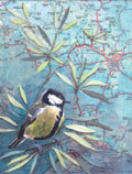 Liesbet Milort, Koolmees in Italie, Gemengde techniek op paneel, 25x19x6,5 cm, €.290,-
