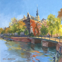 Geke Steenmetz, Kloveniersburgwal met zuiderkerk, 250 euro, Olieverf op paneel in baklijstje, 15x15 cm