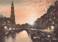Jan Thiecke, Westertoren, 275 euro, Aquarel in houten lijst, 13x18 cm in A4 lijst