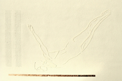 Toonen, Zwemster, 200 euro, Acrylverf en zijden boorduursel in eiken lijst, 43x31 cm