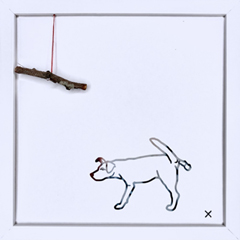 Renee Toonen, Hondje, 65 euro, Papiersnijwerk met borduursel in houten lijst, 18x18 cm