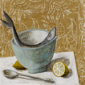 Astrid Tr�gg, Fish bowl with lemons, Gemengde technieken op paneel in houten lijst, 30x30 cm, €.875,-