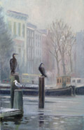 Annemarie Verschoor, Aalscholvers aan het Oosterdok, Olieverf op paneel, 30x20 cm, €.150,-