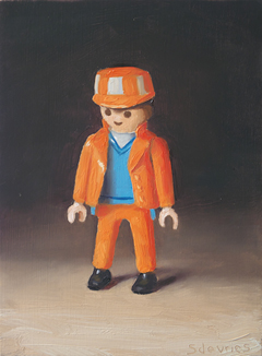 Serge de Vries, Playmobil wegwerker, 295 euro, Olieverf op paneel zonder lijst, 12x16 cm