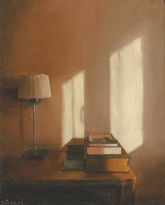 Serge de Vries, Lamp, boeken en zonlicht, 350 euro, Olieverf op paneel zonder lijst, 20x15 cm