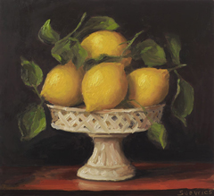 Serge de Vries, Citroenen op schaal, 325 euro, Olieverf op paneel zonder lijst, 17x18,5 cm