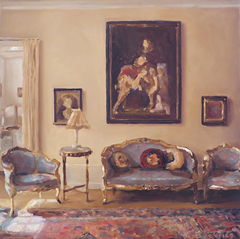 Serge de Vries, Interieur met blauwe bank, 350 euro, Olieverf op paneel zonder lijst, 18,5x18,5 cm