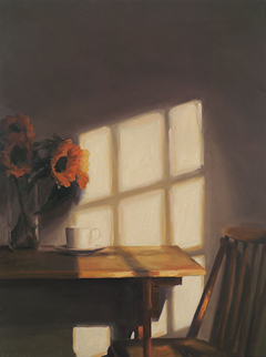 Serge de Vries, Zonnebloemen bij raam 2, 950 euro, Olieverf op paneel in baklijst, 40x30 cm