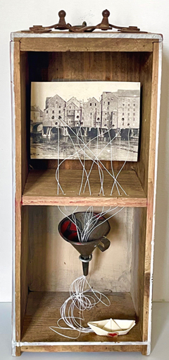 Antje Weber, Sailing the boat, 170 euro, Mixed Media with mini funnel and paper boat in vintage drawer, 30x13x10 cm