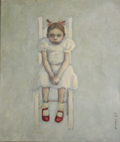 JoAnna Winik, Seated Girl with red shoes, Olie op doek, 38x33 cm, €.800,-