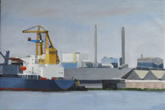 Gineke Zikken, Haven Amsterdam, Olieverf op doek, 45x90 cm, €.1800,-