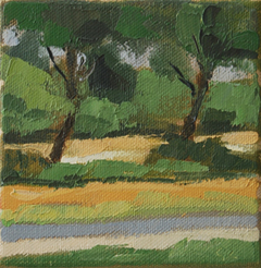 Gineke Zikken, Twee bomen, Olieverf op doek in baklijst, 10x10 cm, .145,- euro