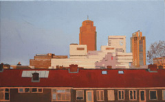 Gineke Zikken, Uitzicht Rembrandttoren avondlicht, Olieverf op doek, 50x80 cm, €.1625,-