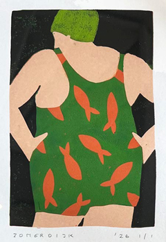 Yvonne Zomerdijk, Badgast Frida, 75 euro, Linosnede in donkere lijst, 24x18 cm