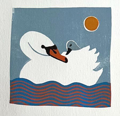 Yvonne Zomerdijk, Zwaan, 75 euro, Linosnede in lichte lijst, 20x20 cm