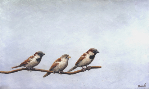 Marc van der Zwet, drie attente mussen op tak, 450 euro, Olieverf op paneel in witte baklijst, 22,5x13,4 cm