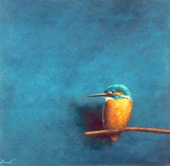 Marc van der Zwet, IJsvogel op tak op vierkant blauw, 480 euro, Olieverf op eik zonder baklijstje, 18,4x17,8x2 cm