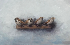 Marc van der Zwet, Mussen op plankje, 195 euro, Olieverf op papier in bruin houten vintage lijst, 9x14 cm (in lijst 21x28 cm)