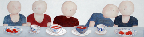 Sanne Kuiper, Rode Abrikozen, Acryl op doek, 40x150 cm, €.1350,-