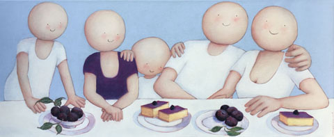 Sanne Kuiper, Pruimen, Acryl op doek in houten baklijst, 50x120 cm, €.1350,-
