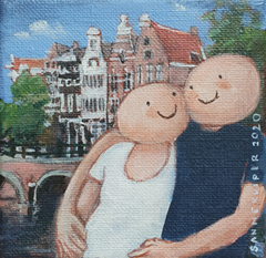 Sanne Kuiper, Amsterdams bruggetje, Acryl op doek in houten baklijstje, 10x10x3 cm, €.75,-