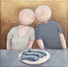 Sanne Kuiper, Diner voor twee, Acryl op doek in baklijst, 18x18 cm, €.125,-