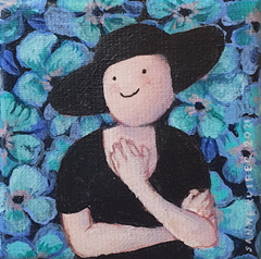Sanne Kuiper,'t Zwarte hoedje, 95 euro, Acryl op doek in baklijstje, 10x10 cm